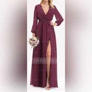 JJ’s House A line V neck floor length chiffon BM dress w/ruffle bow & thigh slit